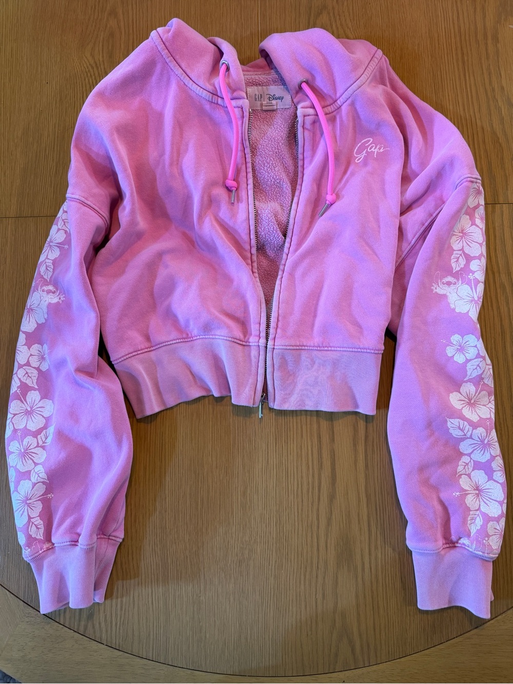 Gap Disney Pink Floral Sleeve Cropped Zip Hoodie